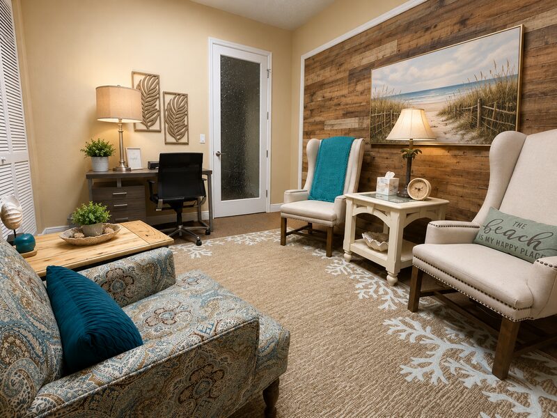Therapy room with a reclaimed-wood accent wall, framed beach painting, and cream wingback chairs