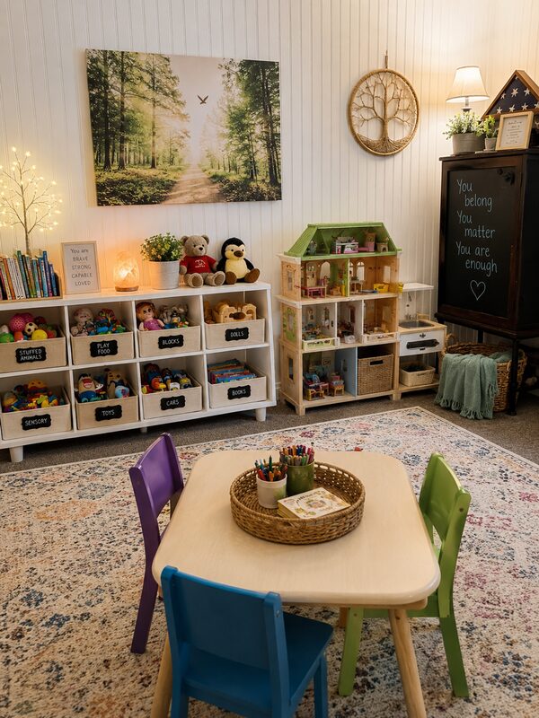 Children's play therapy room with a forest mural, toy shelves, a dollhouse, and a child-size table